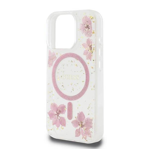 ETUI DO IPHONE 16 PRO 6.3" GUESS RESIN FLOWER GLITTER MAGSAFE RÓŻOWE