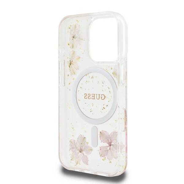 ETUI DO IPHONE 16 PRO 6.3" GUESS RESIN FLOWER GLITTER MAGSAFE RÓŻOWE