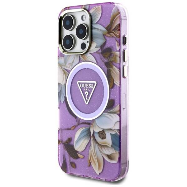 ETUI DO IPHONE 16 PRO MAX GUESS GLITTER FLOWERS TRIANGLE MAGSAFE FIOLETOWY