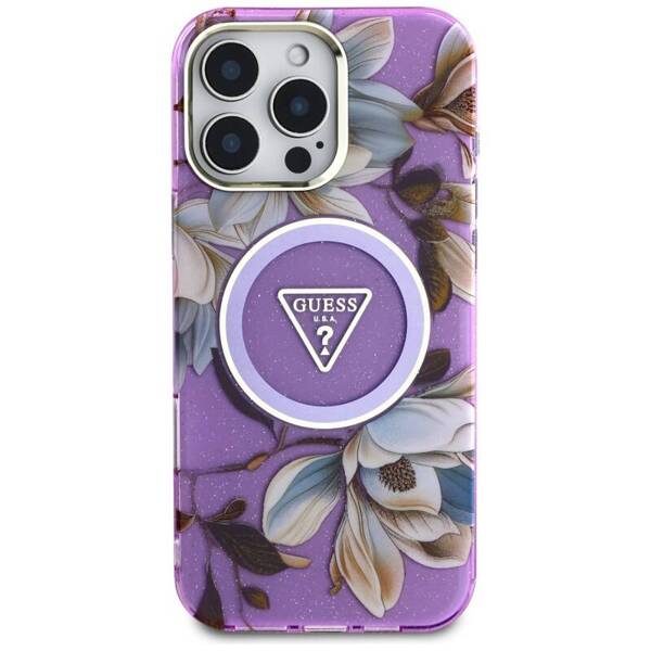 ETUI DO IPHONE 16 PRO MAX GUESS GLITTER FLOWERS TRIANGLE MAGSAFE FIOLETOWY