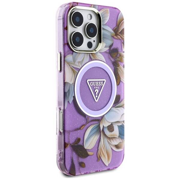 ETUI DO IPHONE 16 PRO MAX GUESS GLITTER FLOWERS TRIANGLE MAGSAFE FIOLETOWY