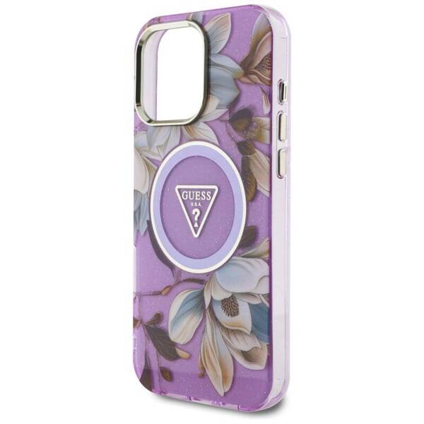 ETUI DO IPHONE 16 PRO MAX GUESS GLITTER FLOWERS TRIANGLE MAGSAFE FIOLETOWY