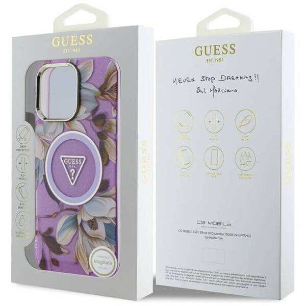 ETUI DO IPHONE 16 PRO MAX GUESS GLITTER FLOWERS TRIANGLE MAGSAFE FIOLETOWY