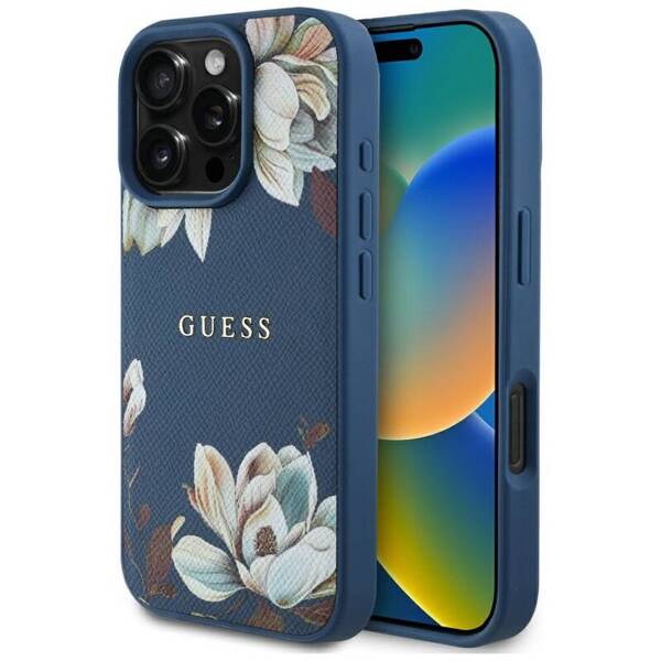 ETUI DO IPHONE 16 PRO MAX GUESS GRAINED PRINTED FLOWER MAGSAFE NIEBIESKI