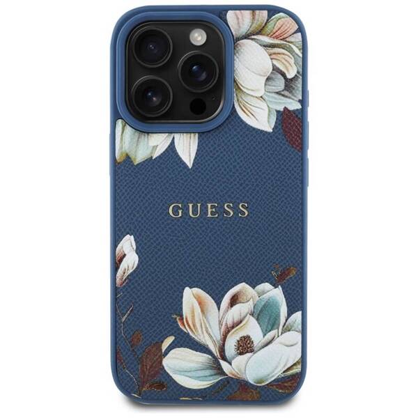 ETUI DO IPHONE 16 PRO MAX GUESS GRAINED PRINTED FLOWER MAGSAFE NIEBIESKI