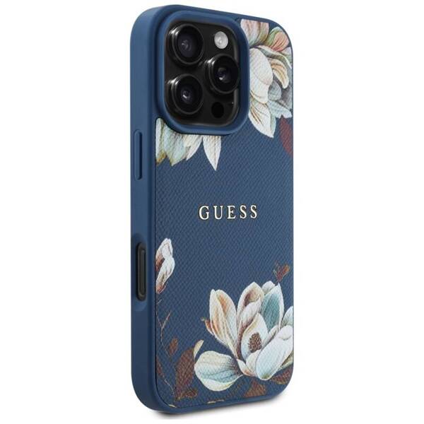 ETUI DO IPHONE 16 PRO MAX GUESS GRAINED PRINTED FLOWER MAGSAFE NIEBIESKI