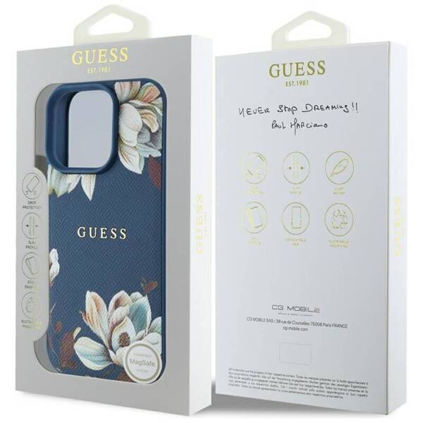 ETUI DO IPHONE 16 PRO MAX GUESS GRAINED PRINTED FLOWER MAGSAFE NIEBIESKI