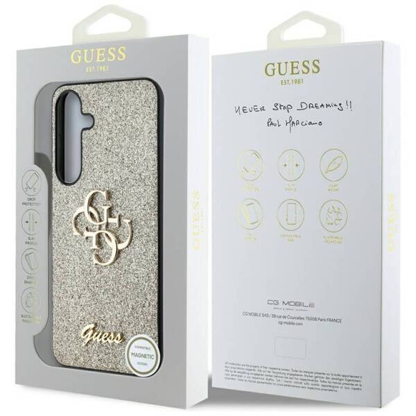 ETUI DO SAMSUNG S25 PLUS GUESS FIXED GLITTER BIG 4G METAL LOGO ZŁOTE