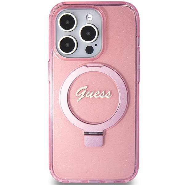 Guess ETUI RING STAND SCRIPT GLITTER MAGSAFE do iPhone 15 Pro