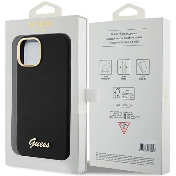 Guess ETUI SILICONE SCRIPT METAL LOGO & FRAME do iPhone 15 / 14 / 13