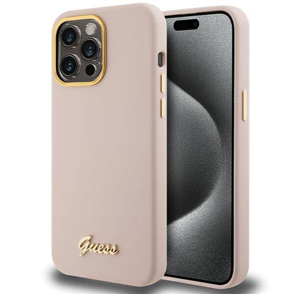 Guess ETUI SILICONE SCRIPT METAL LOGO & FRAME do iPhone 15 Pro Max