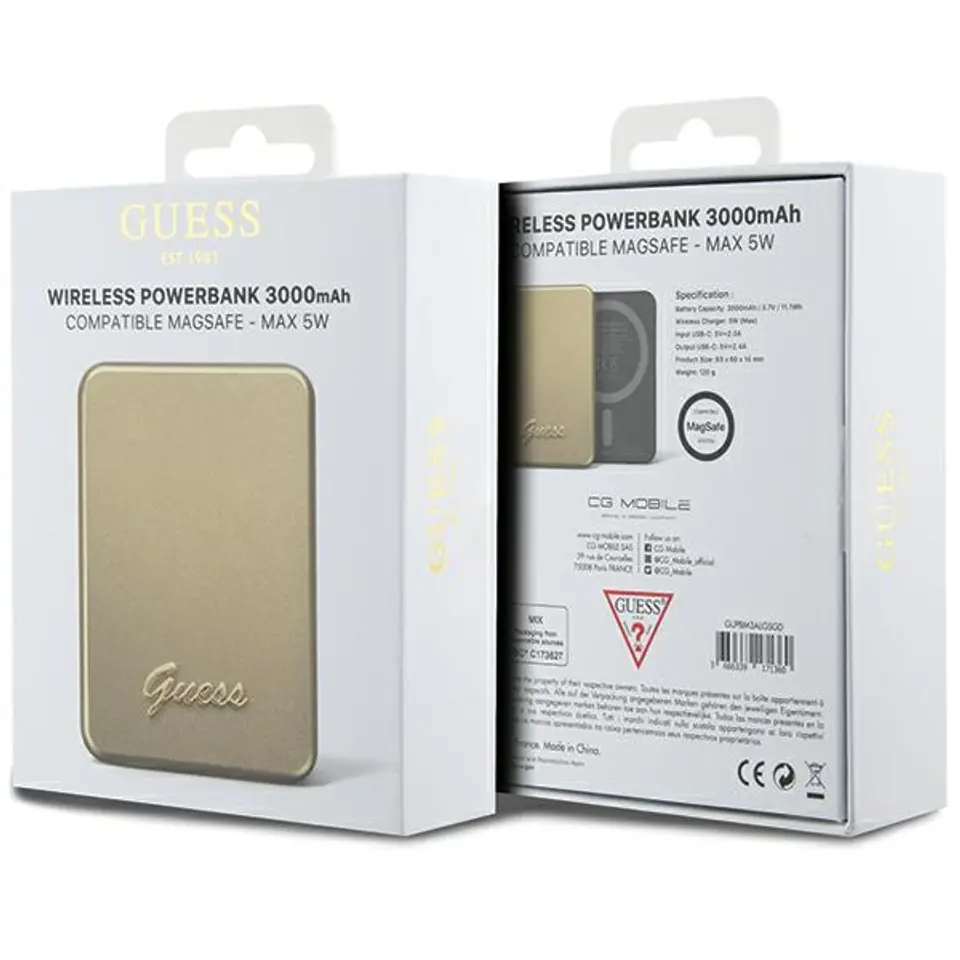 Guess Metal Script Logo MagSafe | Powerbank Indukcyjny 5W 3000mAh USB-C - GOLD