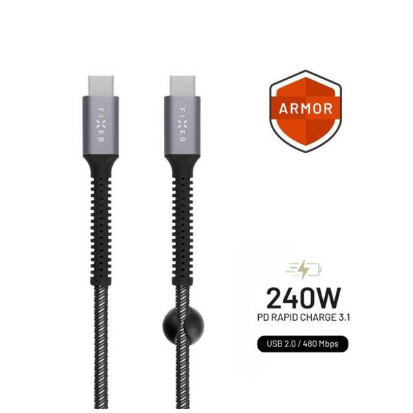 KABEL PRZEWÓD USB-C/USB-C FIXED ARMOR PD, 1,2 M USB 2.0 240 W SZARY