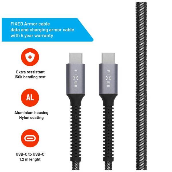 KABEL PRZEWÓD USB-C/USB-C FIXED ARMOR PD, 1,2 M USB 2.0 240 W SZARY