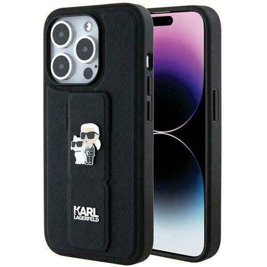 Karl Lagerfeld HardCase Gripstand Saffiano Karl&Choupette Pins | Etui do iPhone 13 Pro Max - BLACK