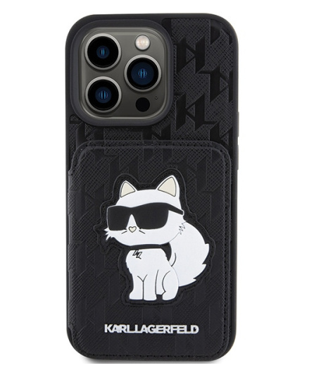 Karl Lagerfeld HardCase Saffiano Cardslots and Stand Monogram Choupette | Etui do iPhone 15 Pro - BLACK