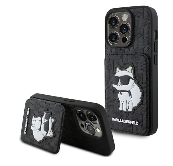 Karl Lagerfeld HardCase Saffiano Cardslots and Stand Monogram Choupette | Etui do iPhone 15 Pro - BLACK