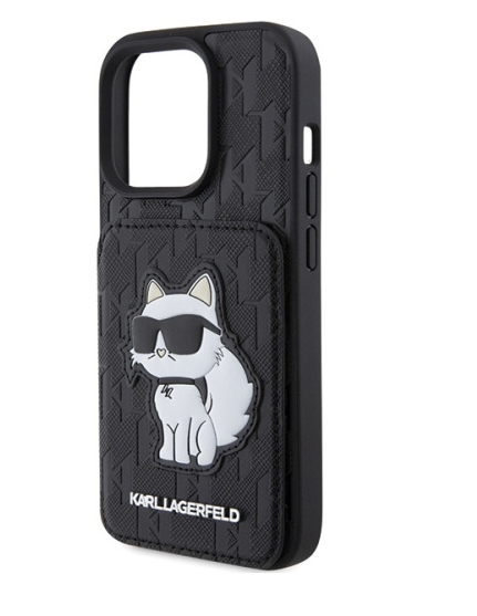 Karl Lagerfeld HardCase Saffiano Cardslots and Stand Monogram Choupette | Etui do iPhone 15 Pro - BLACK