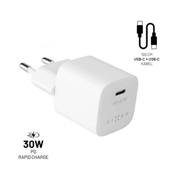 ŁADOWARKA SIECIOWA FIXED 1XUSB-C + KABEL USB-C/USB-C PD 1 METR 30W BIAŁA