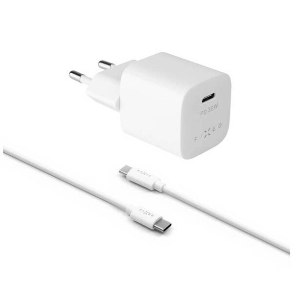 ŁADOWARKA SIECIOWA FIXED 1XUSB-C + KABEL USB-C/USB-C PD 1 METR 30W BIAŁA