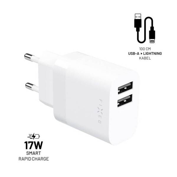 ŁADOWARKA SIECIOWA FIXED 2XUSB + KABEL USB-A/LIGHTNING 1 METR MFI 17W BIAŁY