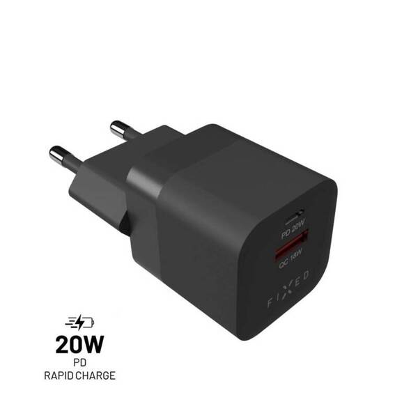 ŁADOWARKA SIECIOWA FIXED MINI 1XUSB-C + 1XUSB PD QC3.0 20W CZARNA