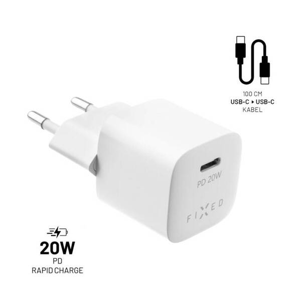 ŁADOWARKA SIECIOWA FIXED MINI 1XUSB-C + KABEL USB-C/USB-C PD 1M 20W BIAŁA