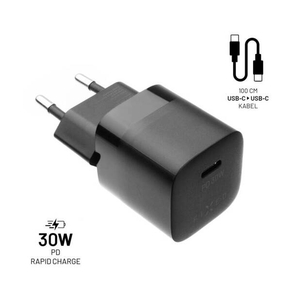 ŁADOWARKA SIECIOWA FIXED MINI 1XUSB-C + KABEL USB-C/USB-C PD 1M 30W CZARNA