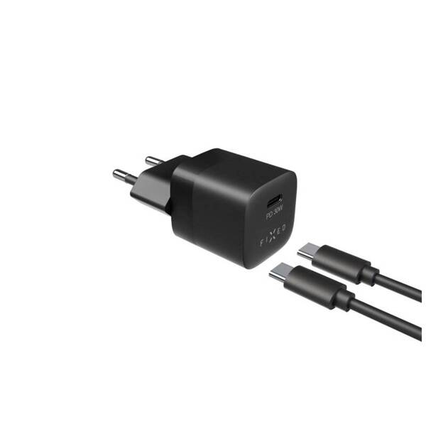 ŁADOWARKA SIECIOWA FIXED MINI 1XUSB-C + KABEL USB-C/USB-C PD 1M 30W CZARNA