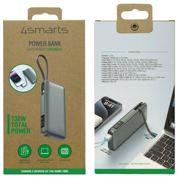 POWERBANK 20000MAH 130W 4SMARTS ENTERPRISE WBUDOWANY KABEL USB-C SZARY