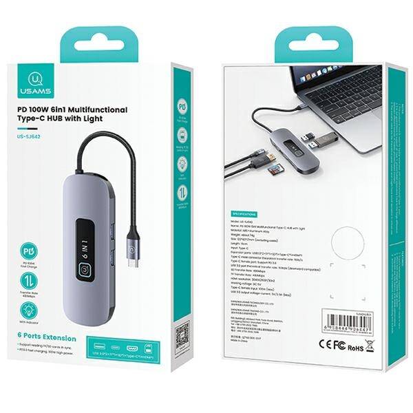 PRZEJŚCIÓWKA USAMS HUB ADAPTER 6W1 2xUSB 3.0/TF/SD/ USB-C/HDMI PD100W GREY