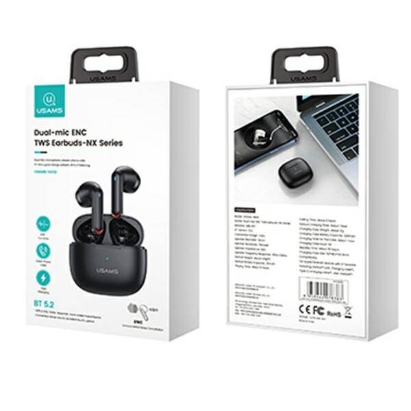 SŁUCHAWKI BEZPRZEWODOWE BLUETOOTH USAMS 5.2 TWS DUAL MIC BLACK