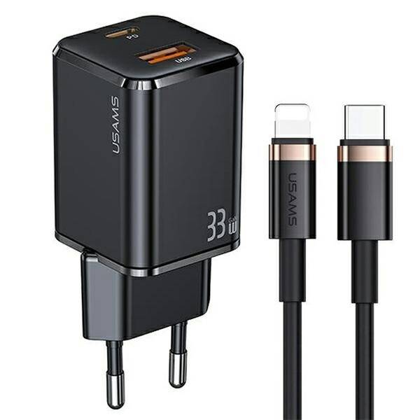 SZYBKA ŁADOWARKA SIECIOWA USAMS 1xUSB-C+1xUSB 33W  + KABEL USB-C/ LIGHTNING