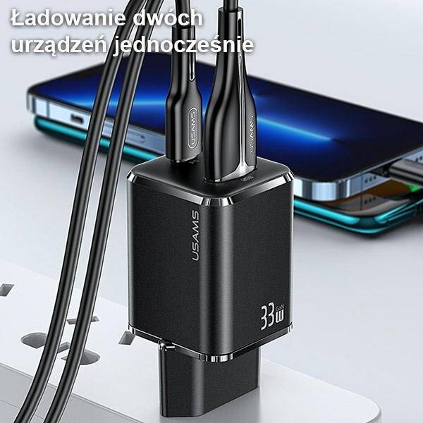 SZYBKA ŁADOWARKA SIECIOWA USAMS 1xUSB-C+1xUSB 33W  + KABEL USB-C/ LIGHTNING