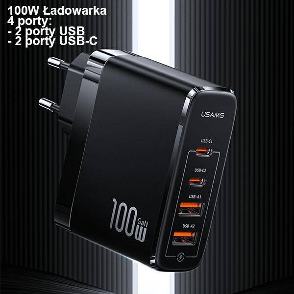 SZYBKA ŁADOWARKA SIECIOWA USAMS 2xUSB-C+2xUSB T44 100W BLACK