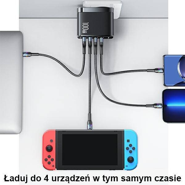 SZYBKA ŁADOWARKA SIECIOWA USAMS 2xUSB-C+2xUSB T44 100W BLACK