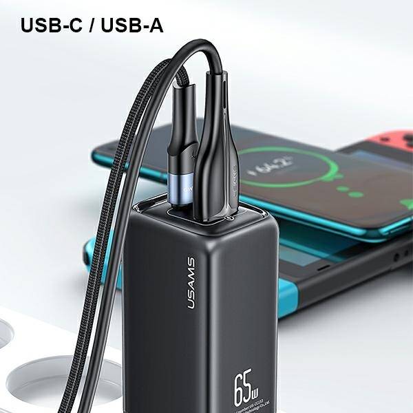 SZYBKA ŁADOWARKA SIECIOWA USAMS 65W 1xUSB-C+1xUSB T47 SUPER SI BLACK