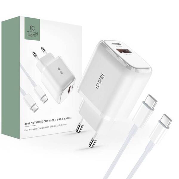 Tech-Protect C20W | Ładowarka Sieciowa USB-C+USB-A PD20W - WHITE