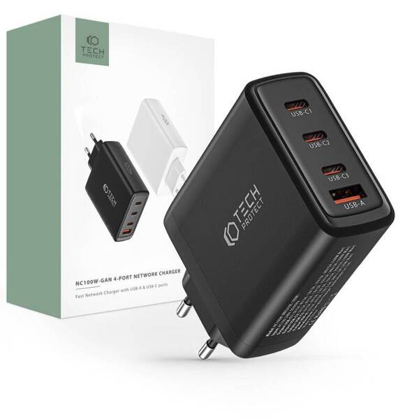 Tech-Protect NC100W-GAN | 4-Portowa Ładowarka Sieciowa USB-A/3x USB-C - BLACK