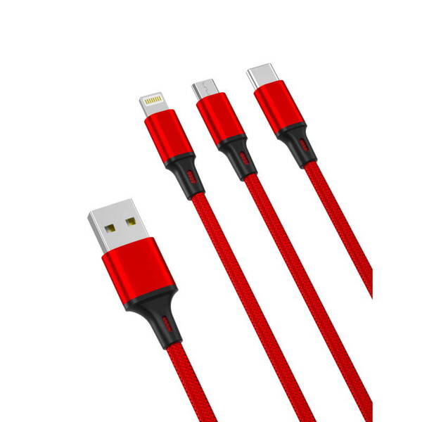 XO NB173 | Kabel 3w1 USB-A do microUSB/USB-C/Lightning 2.4A 1M - RED