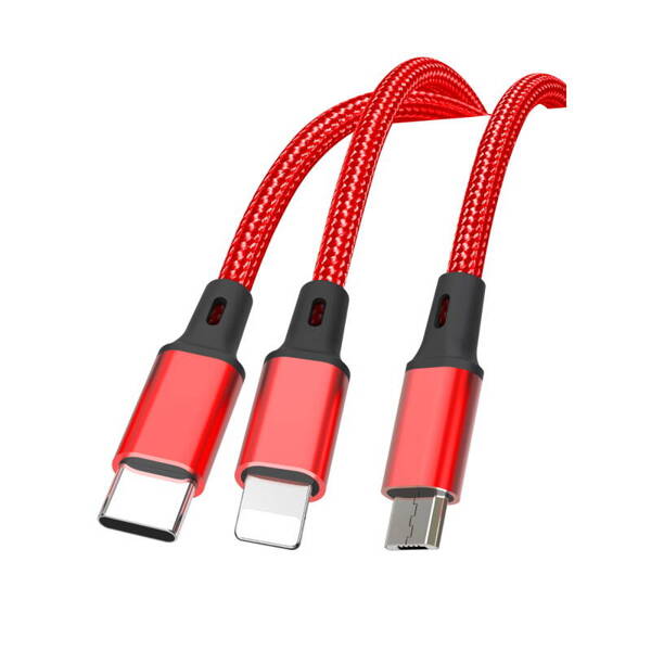 XO NB173 | Kabel 3w1 USB-A do microUSB/USB-C/Lightning 2.4A 1M - RED