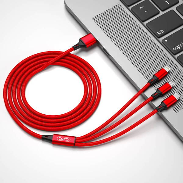 XO NB173 | Kabel 3w1 USB-A do microUSB/USB-C/Lightning 2.4A 1M - RED