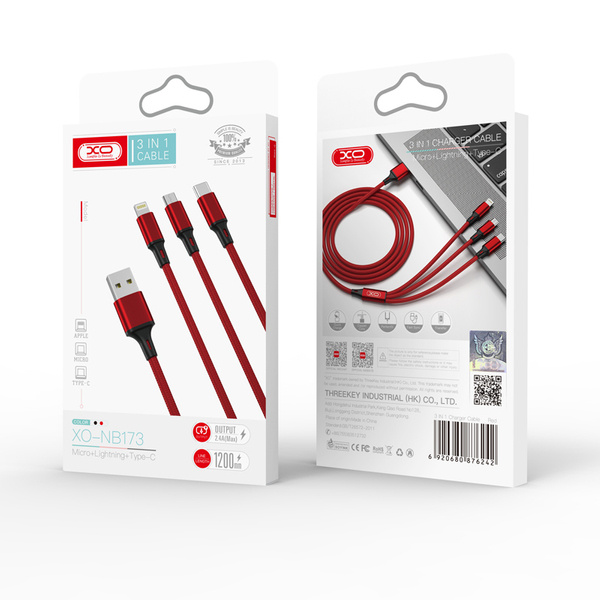 XO NB173 | Kabel 3w1 USB-A do microUSB/USB-C/Lightning 2.4A 1M - RED